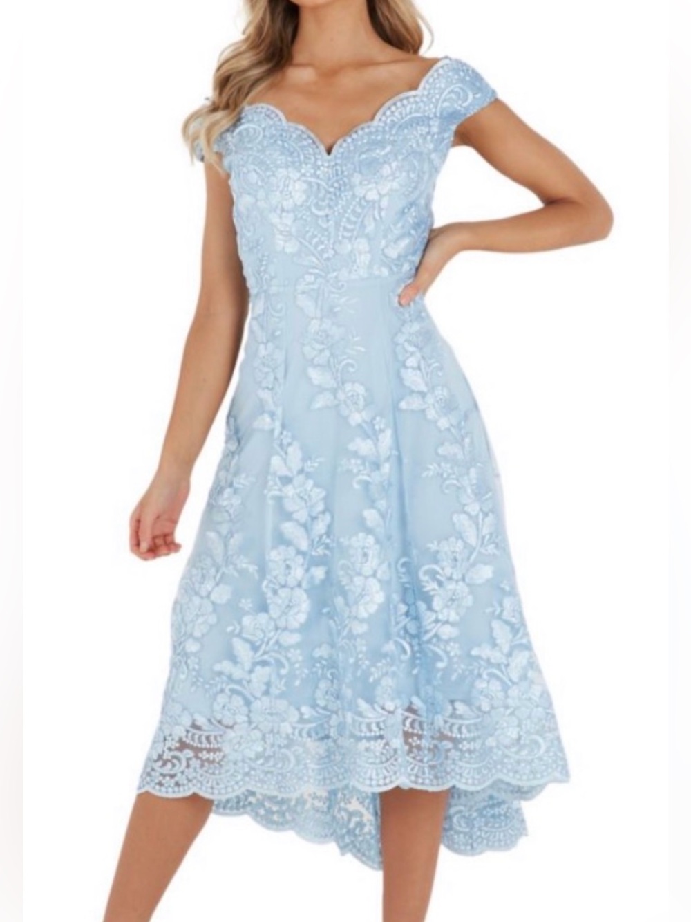 Lace Appliqué Asymmetrical Evening Dress in Dusty Blue